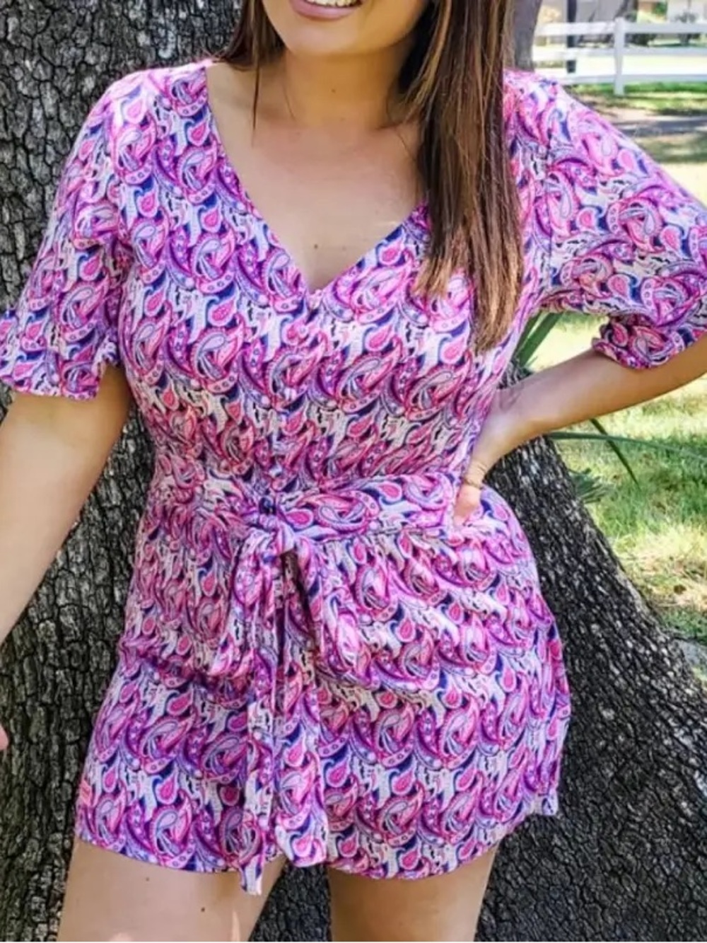 Simply Southern Paisley Button-Front Tie-Waist Romper Purple - Size Large